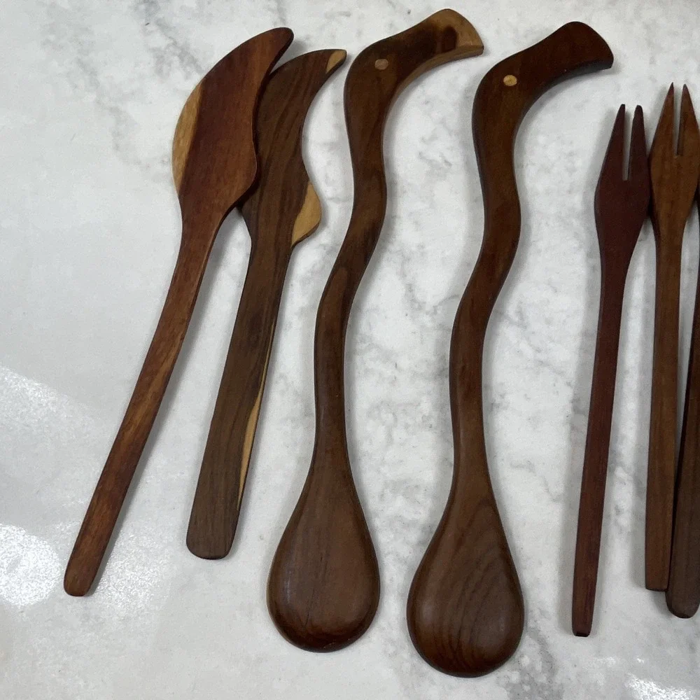 Rustic 11pc Wood Utensil Set Medium Brown Matte w/ Holder Spoon Fork Spatula